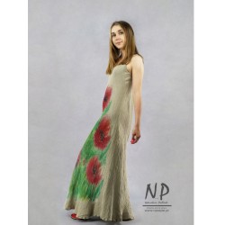 A linen dress with straps, hand-painted with poppies, made of a bias