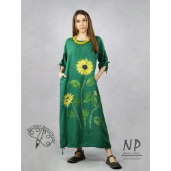Oversize dress, made of natural linen, decorated with hand-painted sunflowers
