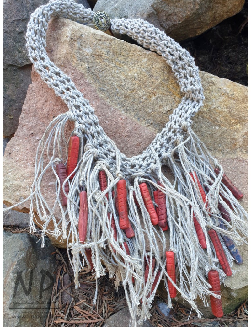 Necklace made of linen threads, decorated with ceramic beads