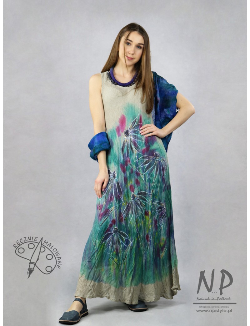 Ręcznie malowana lniana sukienka na ramiączkach maxi, uszyta ze skosu