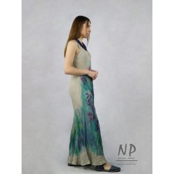 Hand-painted linen dress with maxi straps, made of a bias