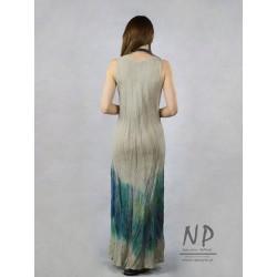 Ręcznie malowana lniana sukienka na ramiączkach maxi, uszyta ze skosu