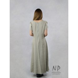 Sukienka lniana typu A z krótkimi rozciętymi rękawami, okrągłym dekoltem oraz zamkiem na plecach