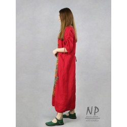 Hand-painted red oversize dress, made of natural linen