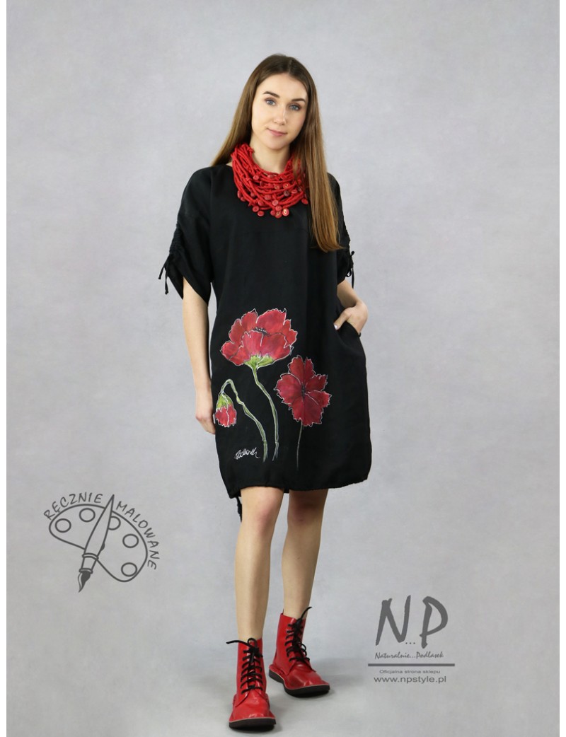 Hand-painted linen black oversize dress with short sleeves