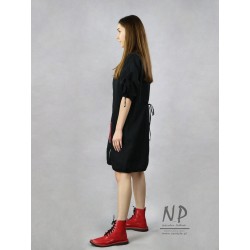 Hand-painted linen black oversize dress with short sleeves