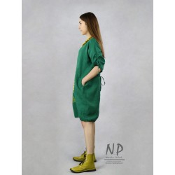 Hand-painted linen oversize dress with short sleeves