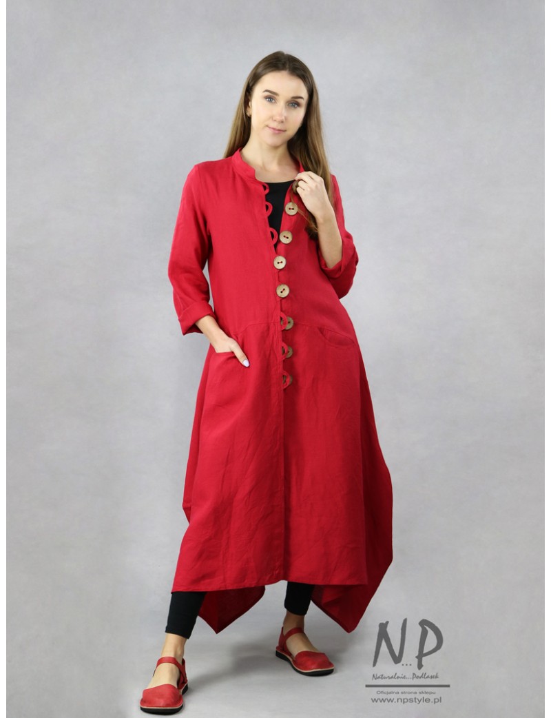 Women's long red linen coat with a stand-up collar