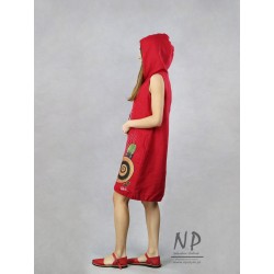 Ręcznie malowana krótka lniana sukienka z kapturem typu oversize