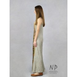 Ręcznie malowana długa sukienka z wdziankiem, uszyta z naturalnego lnu