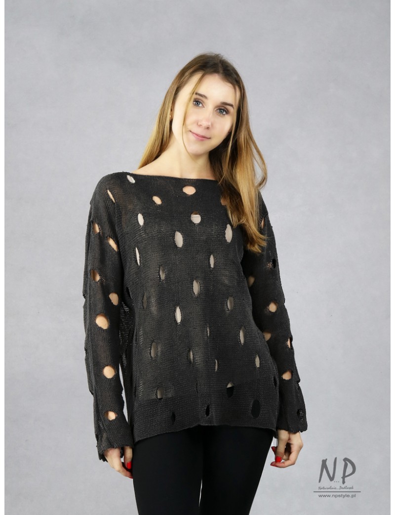 A linen sweater with holes for women in a black color