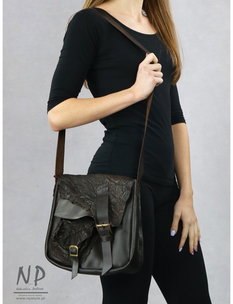 Ladies' brown genuine leather handbag with an additional pocket on the front