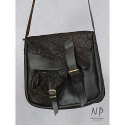 Ladies' brown genuine leather handbag with an additional pocket on the front