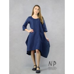 Navy blue asymmetrical short linen dress with ¾ sleeves and a round neckline