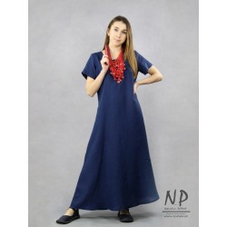 Loose navy blue linen maxi dress with short sleeves and pockets