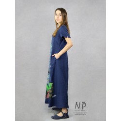 Hand-painted long linen dress with short sleeves