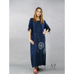 Oversized linen maxi dress in navy blue color, decorated with hand-painted dandelions