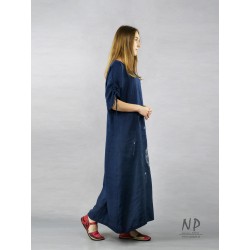 Oversized linen maxi dress in navy blue color, decorated with hand-painted dandelions