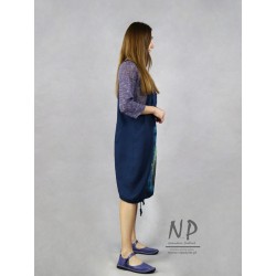 Short, hand-painted navy blue linen gardener dress