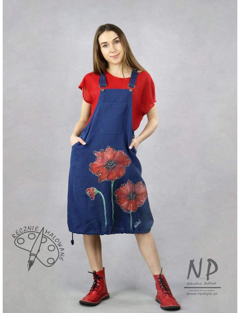 Krótka, ręcznie malowana granatowa lniana sukienka ogrodniczka