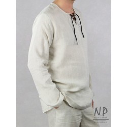 Men's linen shirt in the Slavic style with a tied neckline and long sleeves