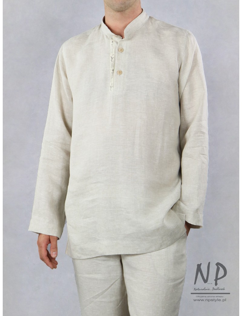 Męska koszula lniana, typu rubaszka  w kolorze jasnego naturalnego lnu