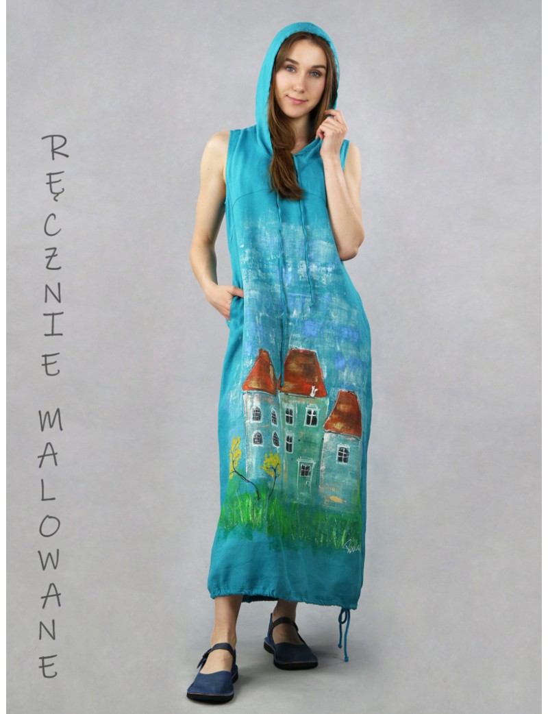 Ręcznie malowana lniana sukienka z kapturem typu oversize