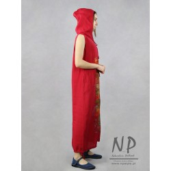 Luźna lniana czerwona sukienka z kapturem typu oversize