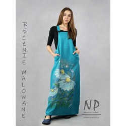 Ręcznie malowana sukienka ogrodniczka długa w kolorze niebieskim