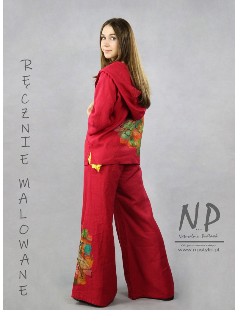 Ręcznie malowane spodnie damskie typu z szerokimi nogawkami, typu szwedy