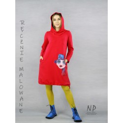 Red Short Oversized Sweatshirt Dress with a hood and turtleneck