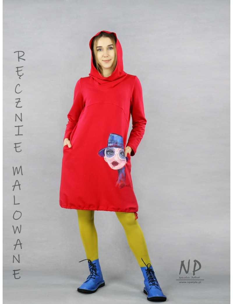 Red Short Oversized Sweatshirt Dress with a hood and turtleneck