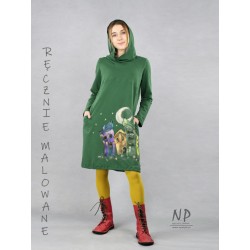 Green short dress with a hood made of knitted cotton