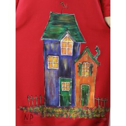 Red maxi dress with a hood made of knitted cotton, decorated with hand-painted houses.