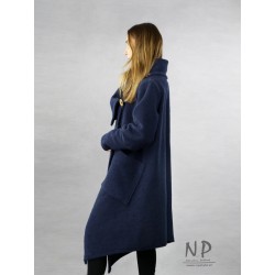 Dark blue asymmetrical steamed wool coat with a large collar