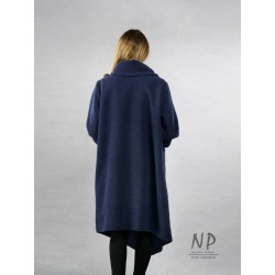 Dark blue asymmetrical steamed wool coat with a large collar