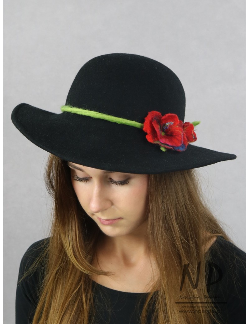 Black ladies' felt hat made by hand decorated with flowers