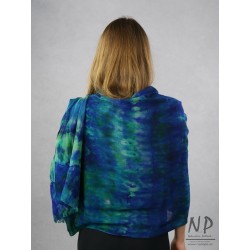 Long cashmere scarf hand dyed in sapphire and green colors