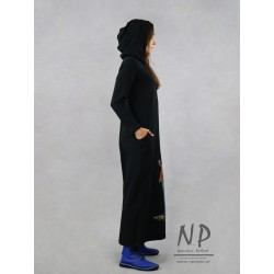 Hand-painted knitted black dress with a hood