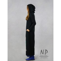 Hand-painted knitted black dress with a hood
