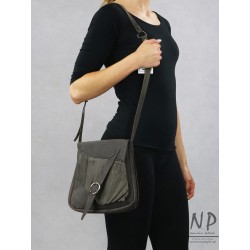Hand-sewn gray small women's handbag made of natural leather with an original flap