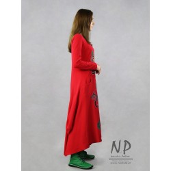 Hand-painted asymmetrical red knitted dress