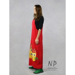 Long red gardener dress decorated with hand-painted houses