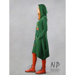 Hand-painted short knitted green dress with a hood