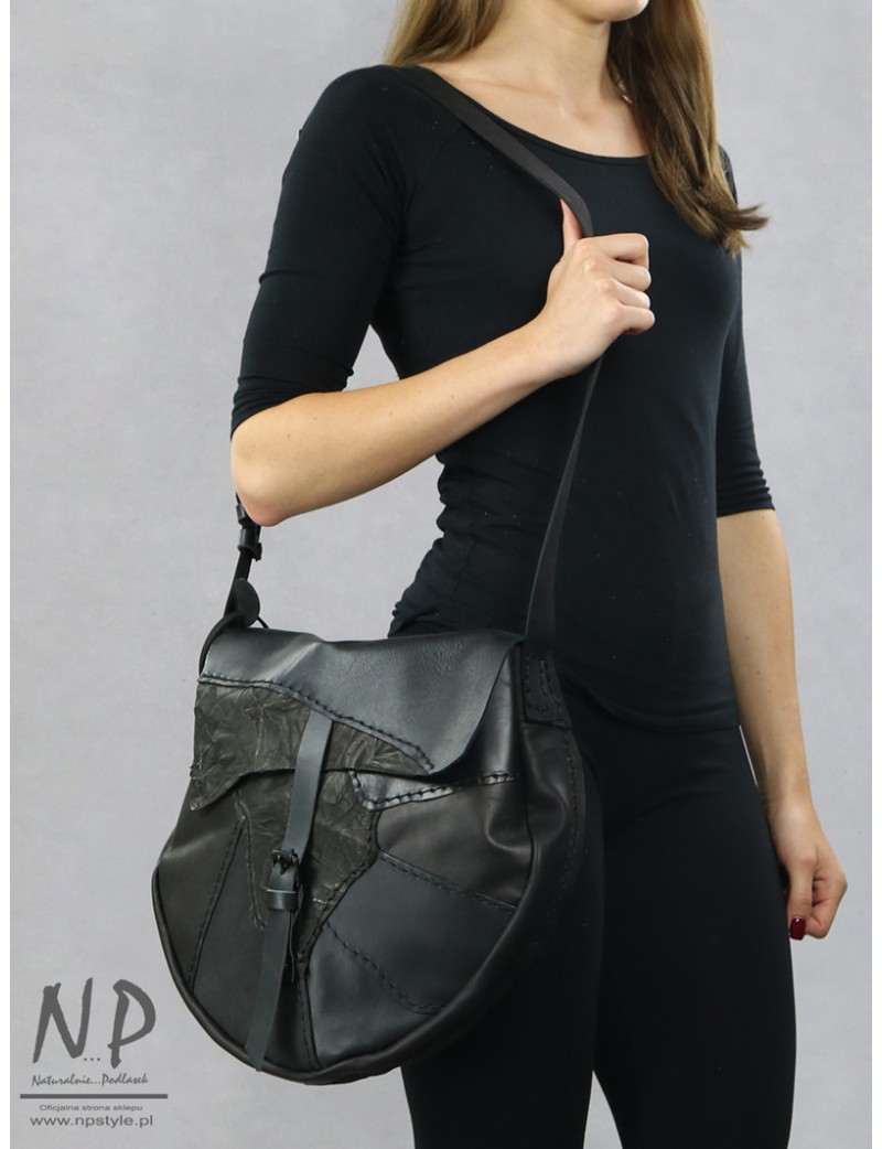 Large black, artistic shoulder bag for women