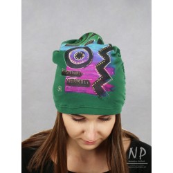 Hand-painted green knitted cotton cap