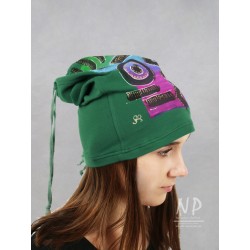 Hand-painted green knitted cotton cap