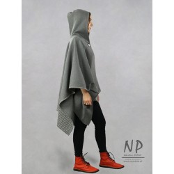 Gray poncho, cape made of natural wool, decorated with stitching