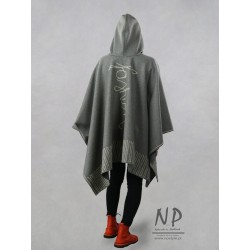 Gray poncho, cape made of natural wool, decorated with stitching