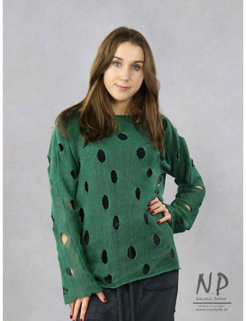 Green women's linen sweater with holes